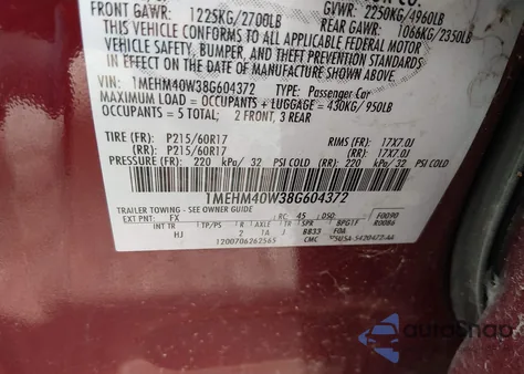 2008 Mercury Sable из США, поврежденный, VIN 1MEHM40W38G604372